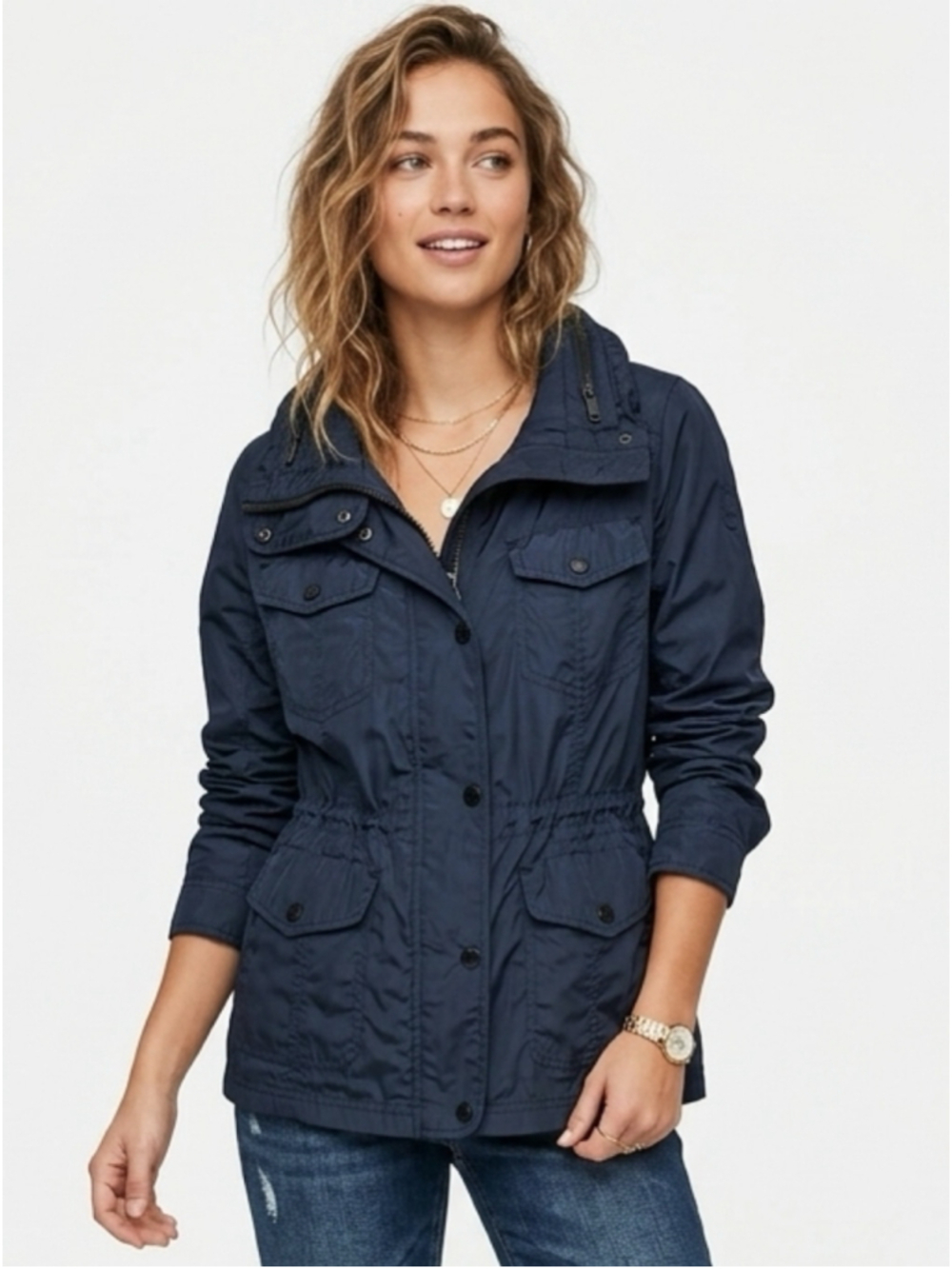 Michael Kors Packable Anorak Utility Rain Jacket w/ hood Navy Blue Sz Large